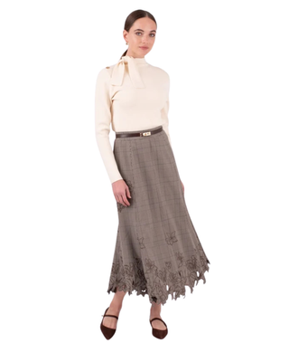 MNA7047 Brown Plaid Deline 34" Skirt with Embroidery Hem