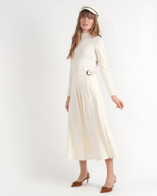 WB4CM1091SM Ecru Wool Side Pleated Wrap 35" Skirt with Buckle