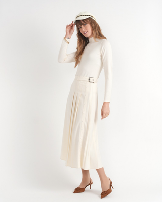 WB4CM1091SM Ecru Wool Side Pleated Wrap 35" Skirt with Buckle