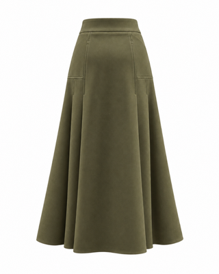TR26FW24 Khaki Wide Center Pleat 35" Skirt with Side Pleats