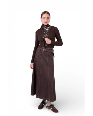 NUA7106 Chocolate Brown Denim Panel Aurelle 36" Skirt with Belt