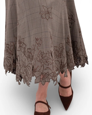 MNA7047 Brown Plaid Deline 34" Skirt with Embroidery Hem