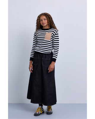 NRT569B Black Denim Gathered Buttons Down 36"-38" Skirt with Pockets