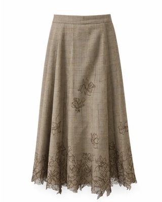 MNA7047 Brown Plaid Deline 34" Skirt with Embroidery Hem