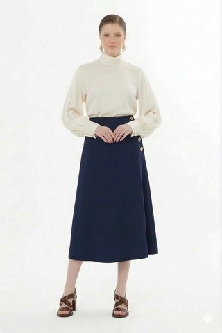 Gizia Navy A-Line 35" Skirt with Gold Buttons at Dress Code itsdresscode.com