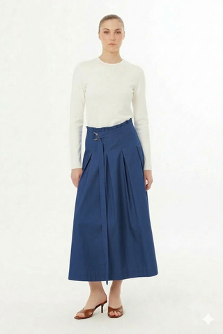 Gizia Dark Blue Pleated 38" Skirt with Gold Zipper at Dress Code itsdresscode.com
