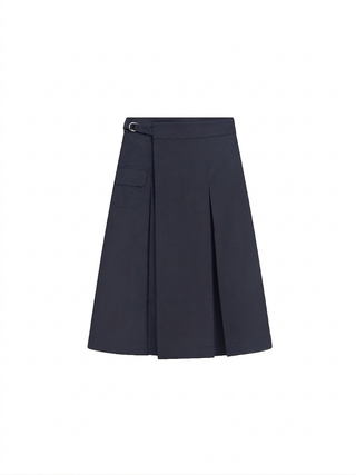JSE Couture Dark Navy Cotton Fake Wrap Pleated Tie 33" Skirt with Side Pocket at Dress Code itsdresscode.com