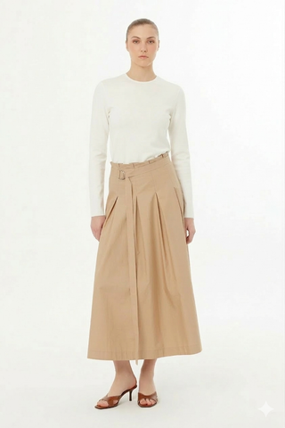 Gizia Beige Pleated 38" Skirt with Gold Zipper at Dress Code itsdresscode.com