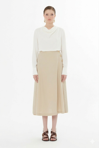 Gizia Beige A-Line 35" Skirt with Gold Buttons at Dress Code itsdresscode.com