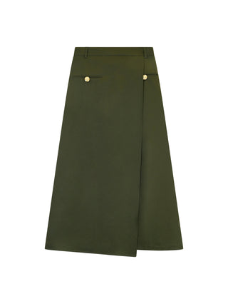 Wear & Flair Green Wrap Front Pocket 35" Skirt With Gold Buttons at Dress Code itsdresscode.com 
