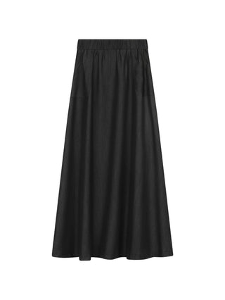 Ermanna Black Denim Elastic Waist Back Zipper 37" Skirt With Pockets at Dress Code itsdresscode.com 