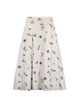MIGNON DOO White Flower Embroidery Side Zipper 36" Skirt with Side Pleat Design at Dress Code itsdresscode.com 