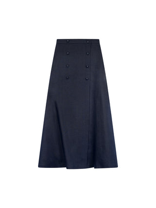 Celina's Navy Linen Fake Wrap 37" Skirt with Front Buttons at Dress Code itsdresscode.com