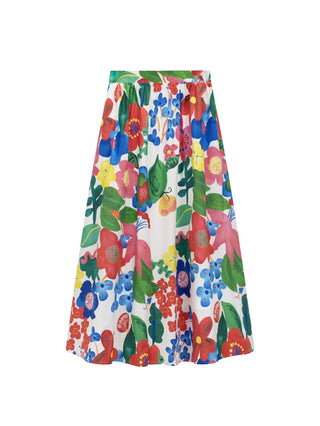 WT-360 White Colourful Flower Printed Gathered 35" Skirt