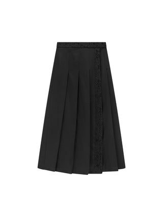 TRIPLEROOT Black Fake Wrap  Side Pleated 34" Skirt with Lace Design at Dress Code itsdresscode.com