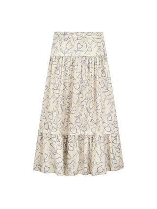 TRIPLEROOT Light Beige/Blue Print Heavy Shirring Pleated 36" Skirt with Yoke at Dress Code itsdresscode.com