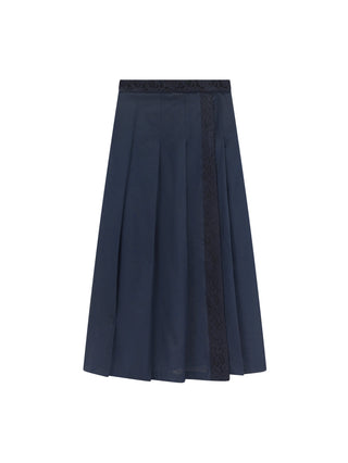 TRIPLEROOT Navy Fake Wrap Side Pleated 34" Skirt with Lace Design at Dress Code itsdresscode.com