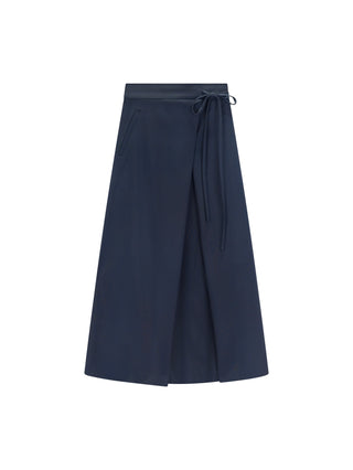 TRIPLEROOT Navy Unbalance Tuck Wrap 36" Skirt with Side Tie at Dress Code itsdresscode.com