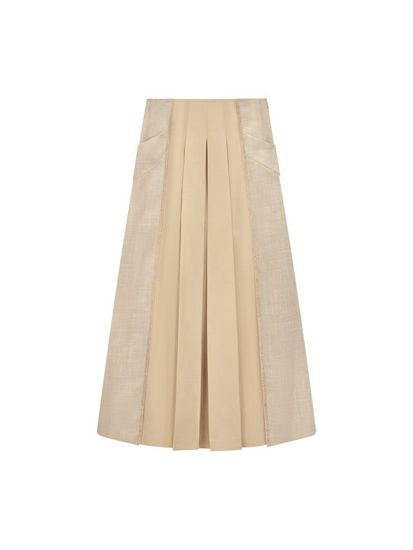 TRIPLEROOT Beige Tweed Mix Pleated 35" Skirt With Pockets at Dress Code itsdresscode.com