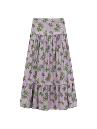 TRIPLEROOT Lavender/Green Floral Printed Heavy Shirring Pleated 36" Skirt with Yoke at Dress Code itsdresscode.com