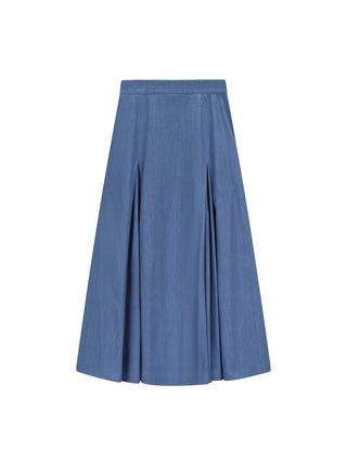 MIGNON DOO Blue Denim Insert Pleats 35" Skirt at Dress Code itsdresscode.com