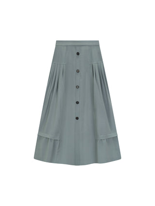 TRIPLEROOT Green Side Shirring Pleated 36" Skirt with Front Buttons at Dress Code itsdresscode.com