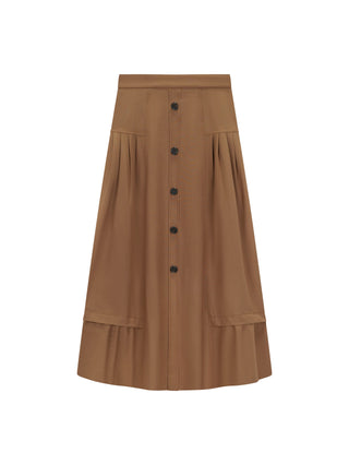 TRIPLEROOT Brown Side Shirring Pleated 36" Skirt with Front Buttons at Dress Code itsdresscode.com