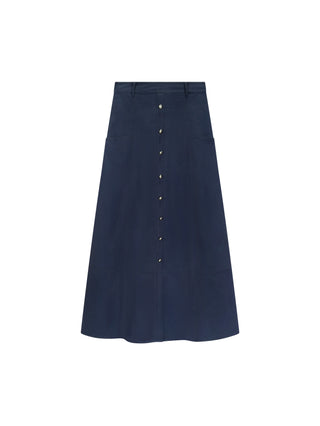 TRIPLEROOT Navy Front Gold Buttons Middle Seamed 36" Skirt with Pockets at Dress Code itsdresscode.com