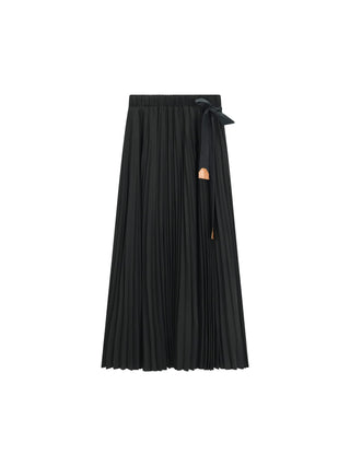 AVIGAL Black Soft Pleated Side Tie 34"-37" Skirt with Leather Tab at Dress Code itsdresscode.com