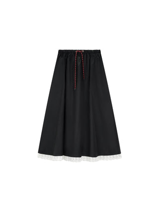 AVIGAL Black Cotton Drawstring 33" Skirt with White Lace Hem at Dress Code itsdresscode.com