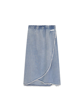 Zaloo Blue Chambray Washed Fringe Fake Wrap 29" Skirt at Dress Code itsdresscode.com