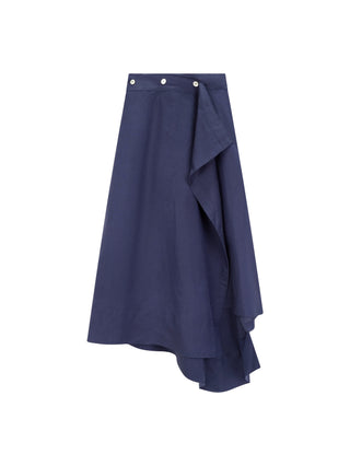 Simona Bonacci Blue Linen Asymmetrical Ruffle Wrap 33" Skirt at Dress Code itsdresscode.com
