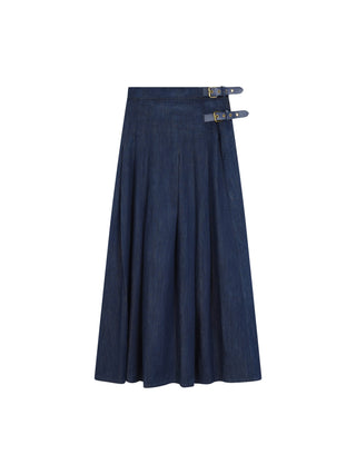 Honeyseed Blue Denim Side Buckles Pleated 36" Skirt at Dress Code itsdresscode.com