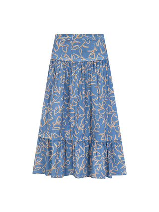 TRIPLEROOT Blue/Orange Print Heavy Shirring Pleated 36" Skirt with Yoke at Dress Code itsdresscode.com