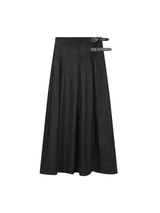 Honeyseed Black Denim Side Buckles Pleated 36"Skirt at Dress Code itsdresscode.com