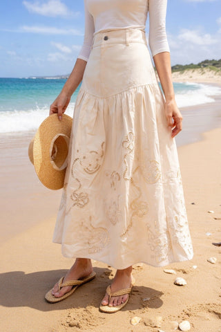BANSE' Cream Denim Yoke Grace 36" Skirt with Embroidery at Dress Code itsdresscode.com