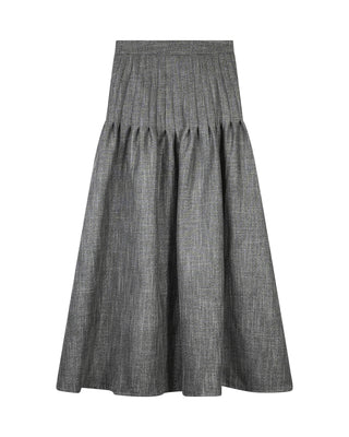 JANET HOWARD Lucia Sculpted Silver Metallic Tweed Pleated 36" Skirt at Dress Code itsdresscode.com