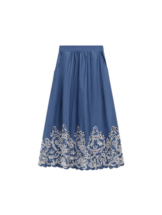 Cappucin D.Blue Gathered Pockets Danielle 32"-33" Skirt with Embroidery Hem at Dress Code itsdresscode.com