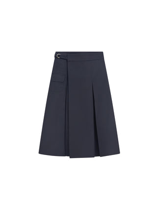 JSE Couture Dark Navy Cotton Fake Wrap Pleated Tie 28" Skirt with Side Pocket at Dress Code itsdresscode.com
