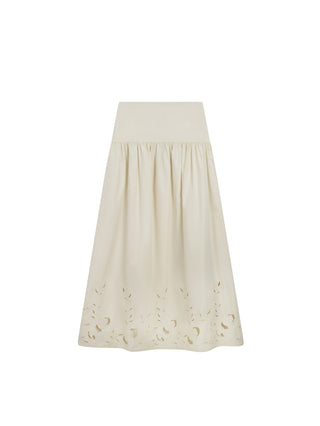 tea Beige Gathered Yoke 35" Skirt with Tonal Embroidery Hem at Dress Code itsdresscode.com