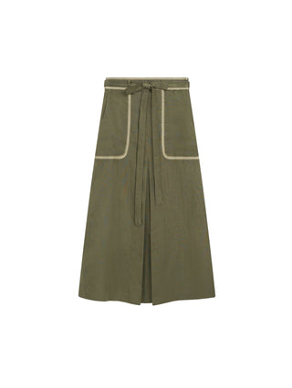 Carlucci Khaki Green Linen Belted 35" Skirt with Fake Stitched Pockets at Dress Code itsdresscode.com