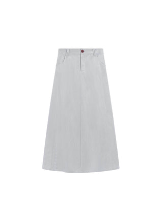 Elle Grey Baby Blue Denim Look Front Button 33" Skirt with Pockets at Dress Code itsdresscode.com
