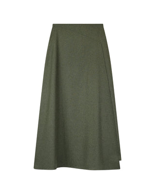 JSE Couture Olive Wool Mia Fake Wrap 33" Skirt with Diagonal Yoke at Dress Code itsdresscode.com