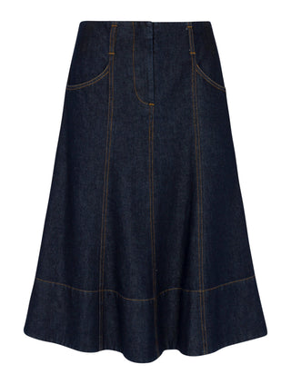 Rebecca Taylor Deep Sea Wash Gabrielle Blue Denim Stitched 30" Skirt with Pockets and Front Zipper at Dress Code itsdresscode.com 