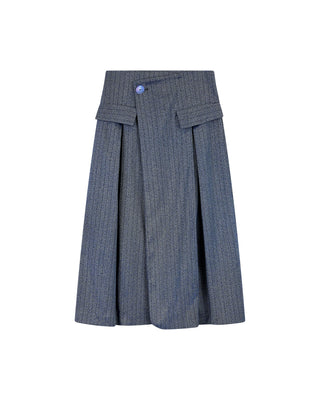 Giovanna Nicolai Blue Pinstripe Pleated Wrap 32" Skirt With Pocket Cover Design at Dress Code itsdresscode.com