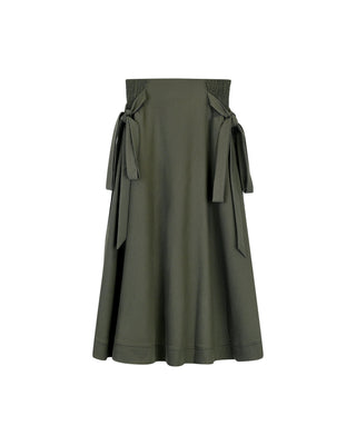 Carlucci  Olive Elastic Waist Design Side Bows 36" Skirt at Dress Code itsdresscode.com 