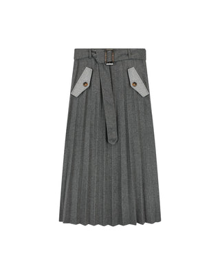 DW5M9177 Charcoal/Grey Wool Pleated 35" Skirt With Contrast Fake Pocket And Belt