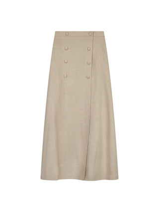 Celina’s Beige Linen Fake Wrap 37" Skirt with Front Buttons at Dress Code itsdresscode.com 