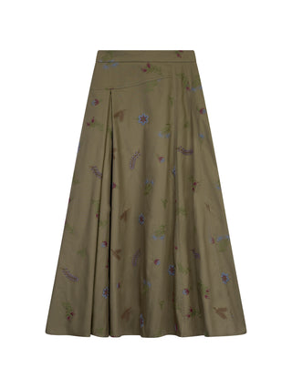 MIGNON DOO Olive Flower Embroidery Side Zipper 36" Skirt with Side Pleat Design at Dress Code itsdresscode.com 