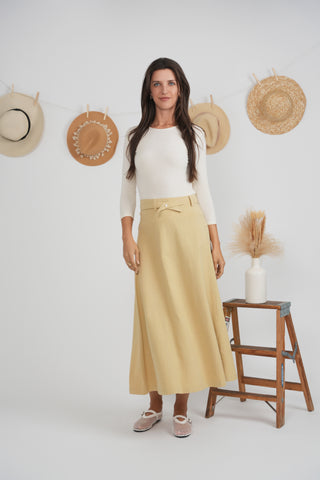 Faves Pale Yellow Linen Midi 34" Skirt with Belt at Dress Code itsdresscode.com 
